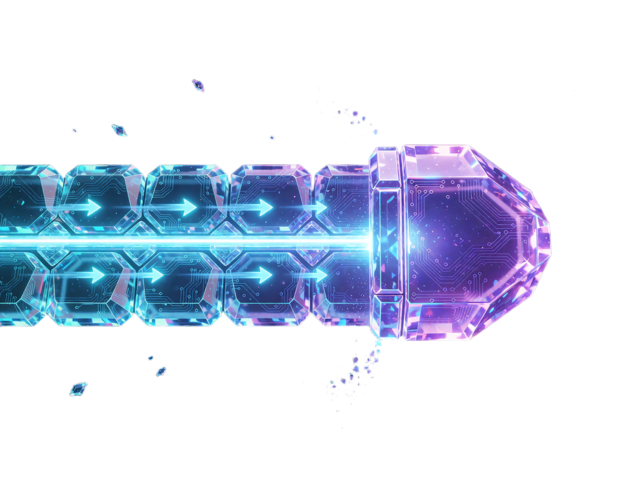 Cyan lysstr&aring;le gennem krystalfliser, der ender i en lukket violet sekskantet krystall&aring;s - illustration af irreversible krypto-transaktioner