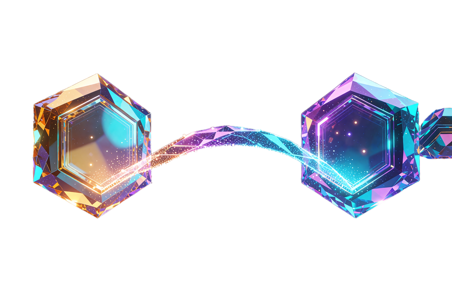 Ravgul og cyan-violet krystalbadge forbundet af en bro af lys - illustration af status match mellem to loyalitetsniveauer