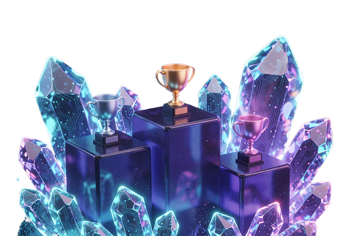Podie af indigoglas med guldpokal over midten, s&oslash;lvbl&aring; pokal til venstre og rosaviolet pokal til h&oslash;jre - illustration af VIP-races