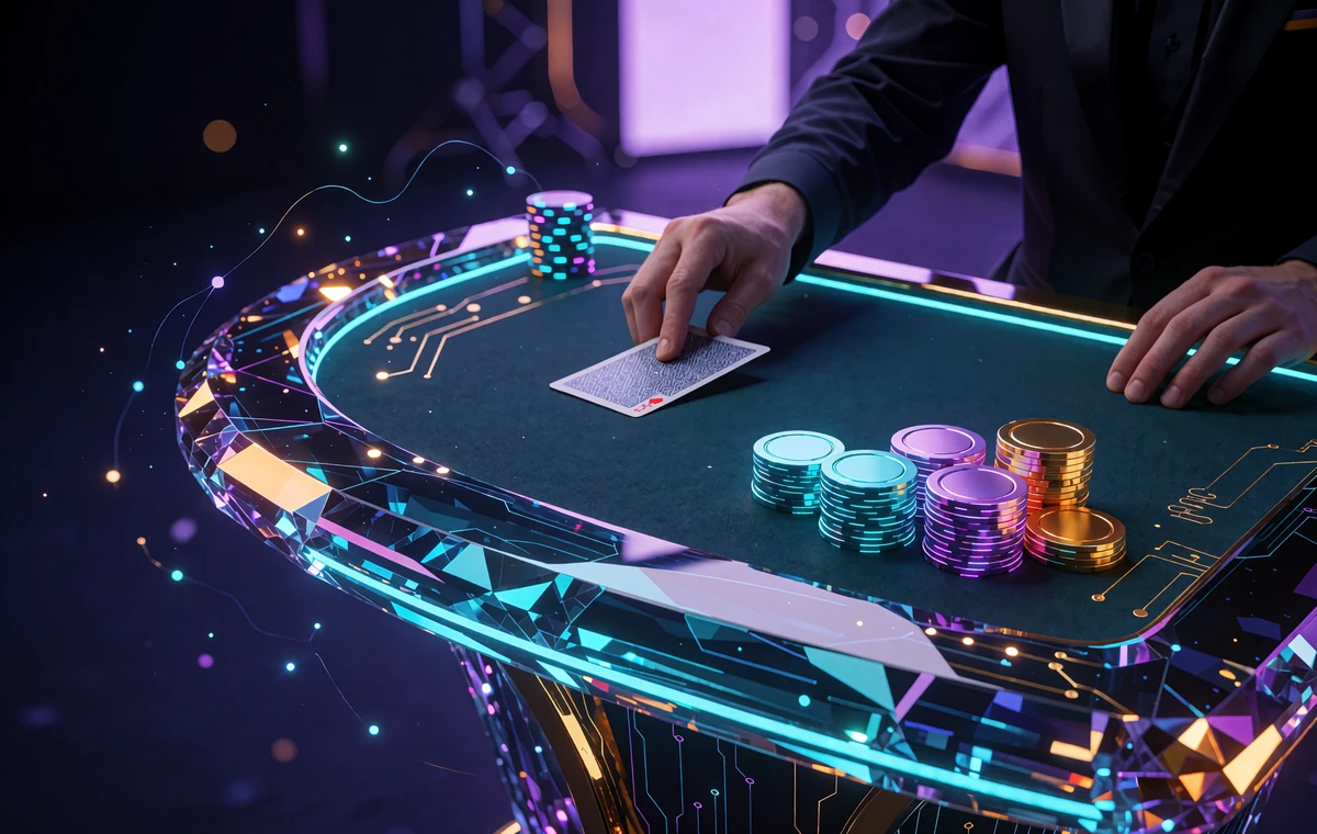 Dealerh&aelig;nder i m&oslash;rk &aelig;rme skubber et kort over et m&oslash;rkegr&oslash;nt filtbord med stakke af chips i cyan, violet og guld