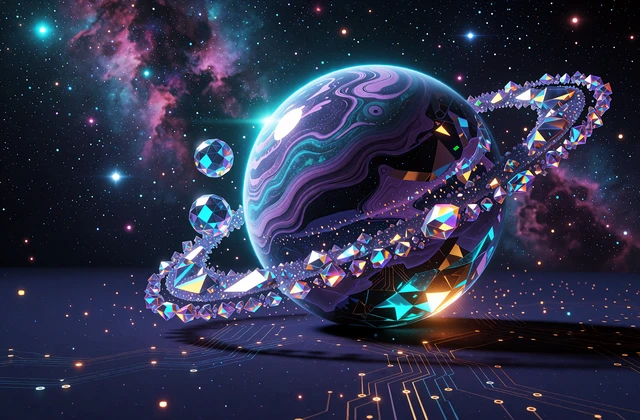 Violet og cyan planet med en ring af krystaller og to sm&aring; m&aring;ner p&aring; stjernehimlen - illustration af rumslot