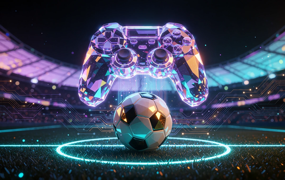 Fodbold p&aring; midtercirklen af en m&oslash;rk bane med cyan neonlinjer og et sv&aelig;vende violet krystalspilkontrolpanel over bolden