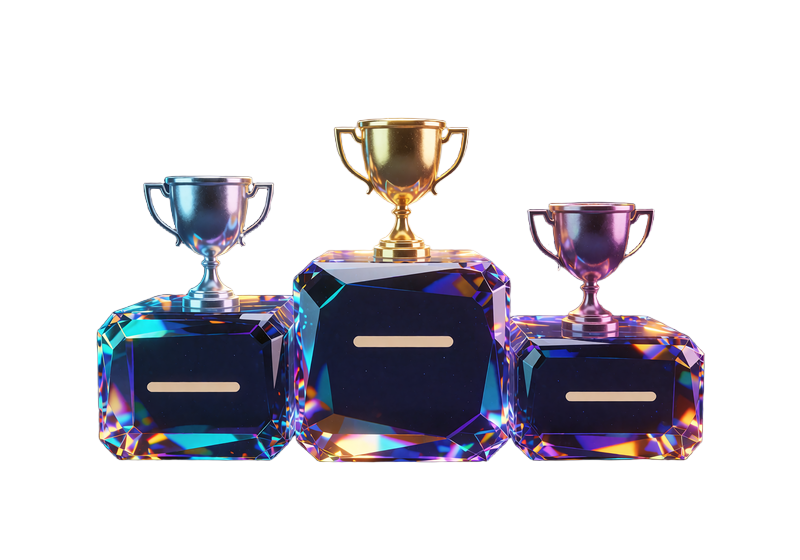 Podie i tre trin med guldpokal i midten samt s&oslash;lvpokal og violet pokal - illustration af leaderboard-races
