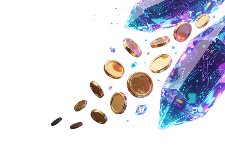 Diagonal regn af blanke guldm&oslash;nter med sm&aring; cyan og violette krystalsplinter - illustration af Chat Rain i VIP-f&aelig;llesskabet
